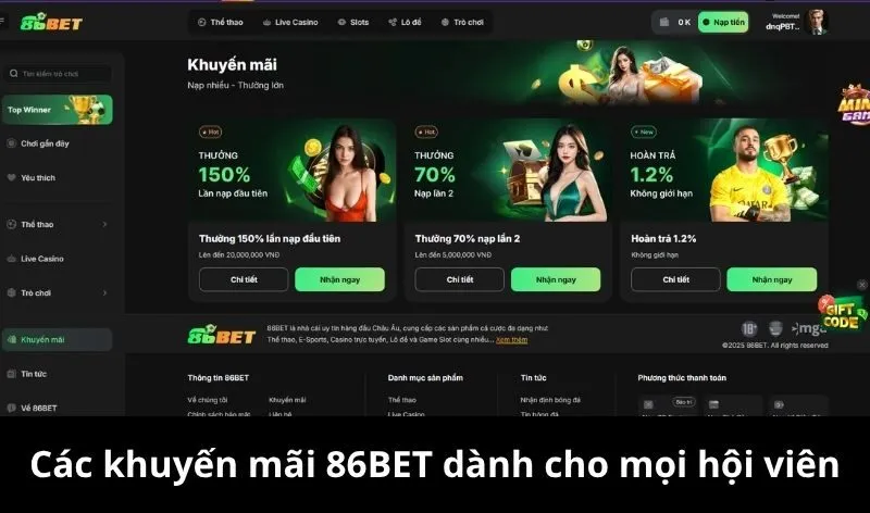 Các khuyến mãi dành cho mọi hội viên của 86Bet