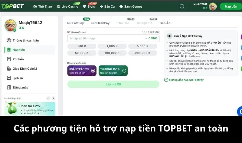 Các phương thức nạp tiền Topbet an toàn