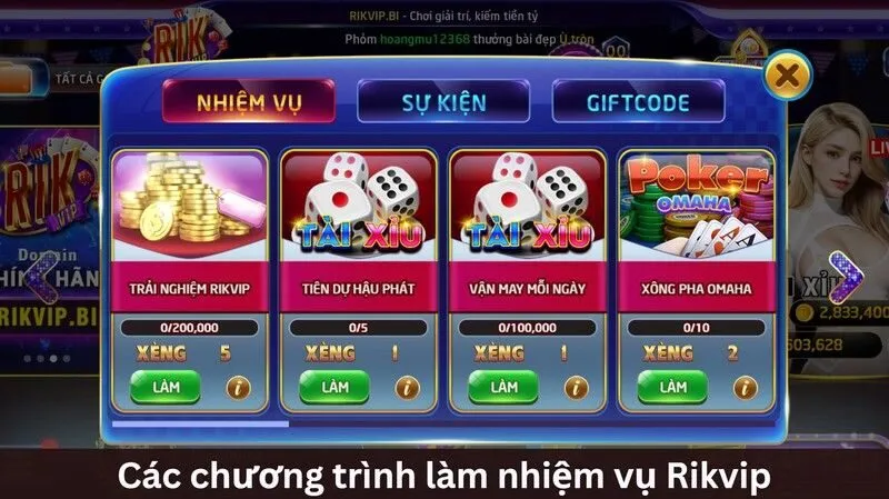 Chương trình làm nhiệm vụ nhần ưu đãi hấp dẫn tại Rikvip