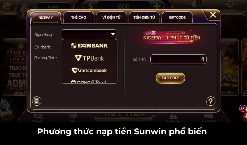 Các phương thức nạp tiền Sunwin